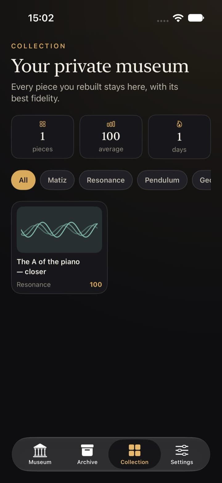 VESTÍGIO Collection screen: Your private museum, with one piece from the Resonance room.